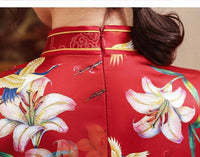 Traditional Chinese dress, Chinese Cheongsam, Red qipao, Evening Dress, Ball Gowns, lily flower prints, tea ceremony, mandarin collar