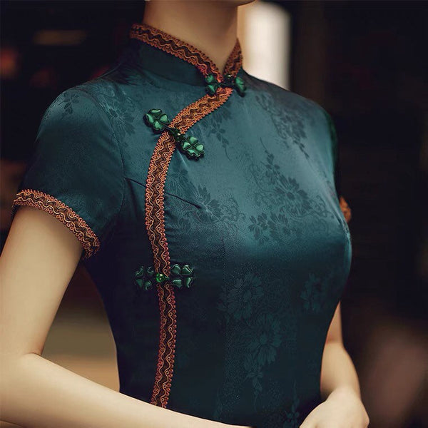 Traditional Chinese dress, Chinese Cheongsam, green modern qipao, Ball Gowns, Long Evening Dress, mandarin collar