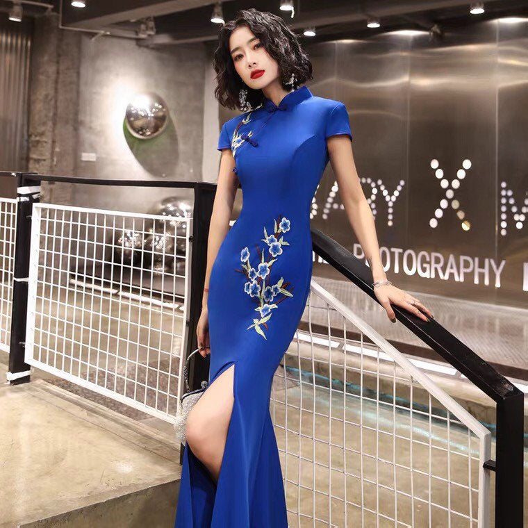 princess polly baby blue dress Modern Chinese Qipao, Embroidered Qipao, Blue Cheongsam, Embroidery Flower, Music Performance Dress, Special Event Dress M
