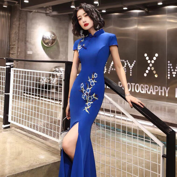 Traditional Chinese dress, Embroidered Qipao, blue Cheongsam, Embroidery flower, music performance dress, special event dress