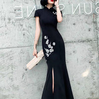 Traditional Chinese dress, Embroidered Qipao, Black Cheongsam, Embroidery flower, music performance dress, mermaid tail, event dress