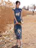 Traditional Chinese dress, mulberry silk Cheongsam, blue Silk qipao, spring dress, mandarin collar
