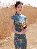 Traditionelles chinesisches Kleid, Cheongsam, Qipao, Abendkleid, Seiden-Qipao, Blumendruck, Frühlingskleid, Mandarinkragen