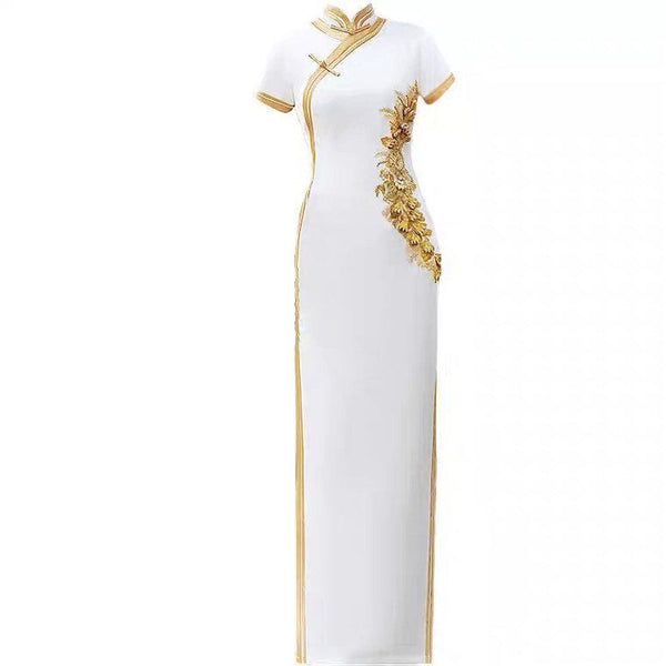 Custom make available, Traditional Chinese dress, embroidered Cheongsam, China wedding dress, White gold color wedding qipao, minimalist Design XL Custom make available, Traditional Chinese dress, embroidered Cheongsam, China wedding dress, White gold color wedding qipao, minimalist Design XL
