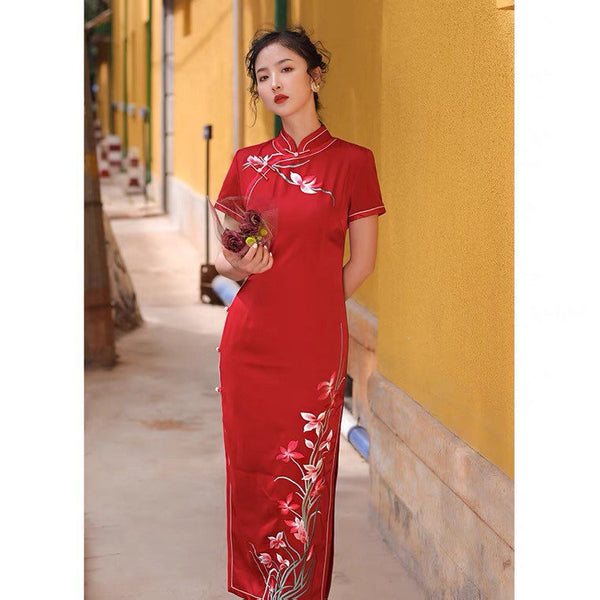 Modern Chinese Qipao, Chinese Cheongsam, red embroidered qipao, Wedding Dress, Long Evening Dress, mandarin collar