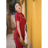 Traditional Chinese dress, Chinese Cheongsam, red embroidered qipao, Wedding Dress, Long Evening Dress, mandarin collar