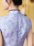 Traditional Chinese dress, China Cheongsam, ramie qipao, light purple summer Qipao, flower prints, short sleeve, mandarin collar