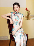 Traditional Chinese dress, China Cheongsam, ramie qipao, Long summer Qipao, flower pattern, short sleeve, mandarin collar