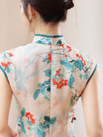 Traditional Chinese dress, China Cheongsam, ramie qipao, Long summer Qipao, flower pattern, short sleeve, mandarin collar