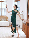 traditional Chinese dress, long Chinese Cheongsam，green Qipao，Evening Dress, floral prints, mandarin collar