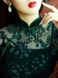 Traditional Chinese dress, Chinese Cheongsam, Black Green Qipao, 3/4 sleeve evening Dress, Ball Gowns, minimalistic design, mandarin collar