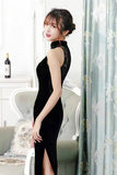 Traditional Chinese dress, black lace velvet Cheongsam, qipao, Long Evening Dress, mandarin collar, halter neck collar