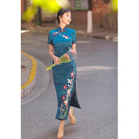 Traditional Chinese dress, Blue Cheongsam, Qipao, Evening Dress, Long Evening Dress, floral prints, mandarin collar