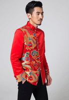 Men’s wedding suit, Chinese wedding suit,  Wedding Tang Jacket, half-side colorful dragon pattern, mandarin collar