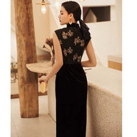 Traditional Chinese dress, Chinese Cheongsam, modern black velvet qipao, Golden floral pattern, sleeveless mandarin collar