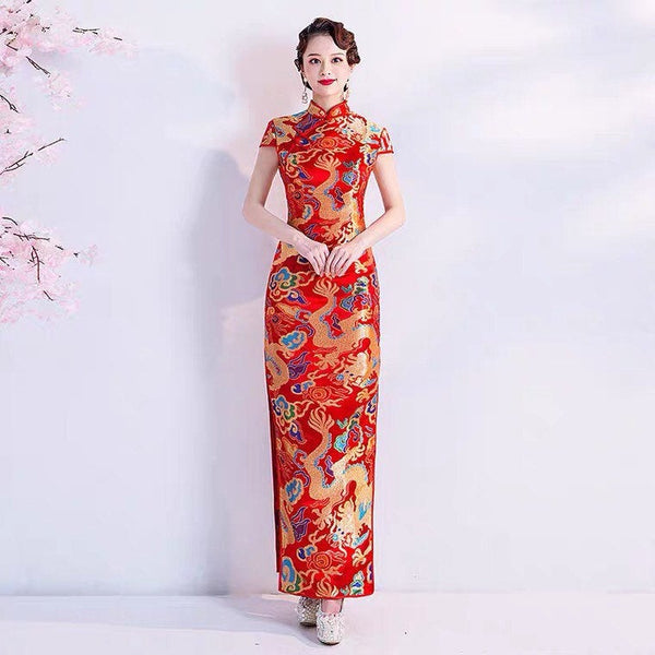 Modern Chinese Qipao, Chinese Wedding Qipao, Gold dragon pattern