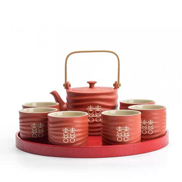 Ensemble de cérémonie de thé de mariage en céramique chinoise, impression personnalisée, 1 pot+6 tasses+plateau en bois, rouge mat, double bénédiction, motif double bonheur