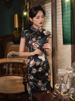 Traditional Chinese dress, Long Cheongsam, Silk Qipao, Evening Dress, ball gown, black floral color, short sleeve, mandarin collar