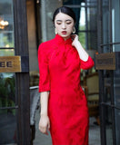 Traditional Chinese dress, Chinese Cheongsam, red jacquard wedding qipao, Evening Dress, tea ceremony, mandarin collar, 3/4 sleeve