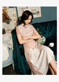 Traditional Chinese dress, Knee length Cheongsam, Pink Ao Dai, flower pattern, mandarin collar