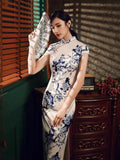 Traditional Chinese dress, China Cheongsam, Long Qipao, flower prints, short sleeve, spring qipao, blue and white, mandarin collar