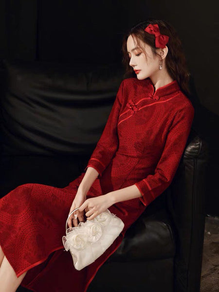 Modern Chinese Qipao, Chinese Cheongsam, Warm Winter Qipao, Wedding Dress, Bridal Dress, Gift for Her, 3/4 Sleeve, Mandarin Collar Modern Chinese Qipao, Chinese Cheongsam, Warm Winter Qipao, Wedding Dress, Bridal Dress, Gift for Her, 3/4 Sleeve, Mandarin Collar