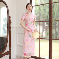Traditional Chinese dress, China Cheongsam, light pink floral ramie qipao, breathable summer Qipao, short sleeve, mandarin collar, low slit