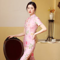 Traditional Chinese dress, China Cheongsam, light pink floral ramie qipao, breathable summer Qipao, short sleeve, mandarin collar, low slit