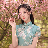 Traditional Chinese dress, Knee length Cheongsam, light green Ao Dai, flower pattern, mandarin collar