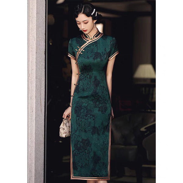 Modern Chinese qipao, Chinese Cheongsam, green color qipao, Ball Gowns, Long Evening Dress, mandarin collar