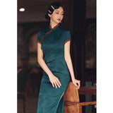 Traditional Chinese dress, Chinese Cheongsam, green modern qipao, Ball Gowns, Long Evening Dress, mandarin collar