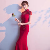 Chinese wedding dress, traditional Chinese dress, embroidered Cheongsam, Bridal dress, mermaid tail dress, mandarin collar