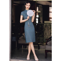 Traditional Chinese dress, Knee length Cheongsam, blue Qipao, mandarin collar