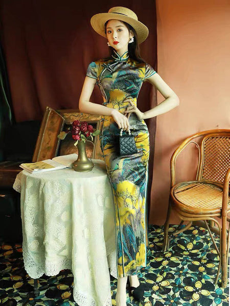 Modern Chinese Qipao, Evening Dress, Silk qipao, Chinese painting print