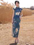 Traditional Chinese dress, mulberry silk Cheongsam, blue Silk qipao, spring dress, mandarin collar
