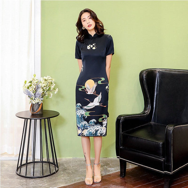 Modern Chinese Qipao, Evening Dress, Silk qipao, crane print, black qipao