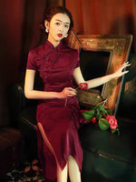 Traditional Chinese dress, Chinese Cheongsam, wine red sleek qipao, Evening Dress, Ball Gowns, Long Evening Dress, mandarin collar