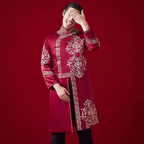 Herren-Hochzeitsanzug, chinesischer Hochzeitsanzug, Hochzeits-Tang-Jacke, burgunderroter bestickter Anzug, Stehkragen