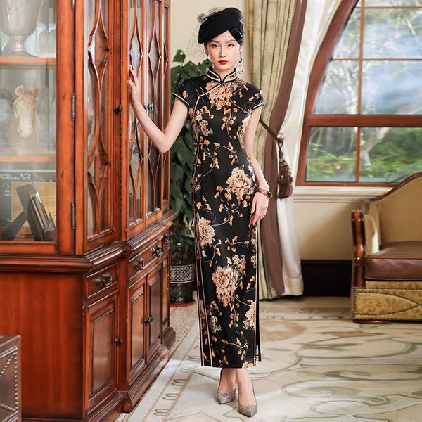 Modern Chinese Qipao, mulberry silk Cheongsam, black Silk qipao, golden floral prints