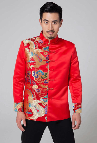 Costume de mariage pour hommes, costume de mariage chinois, veste Tang de mariage, motif dragon coloré sur le côté, col mandarin