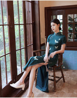 Traditional Chinese dress, Chinese Cheongsam, dark green modern qipao, embroidered butterfly, Ball Gowns, mandarin collar