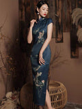 Traditional Chinese dress, Chinese Cheongsam, modern qipao, Ball Gowns, Long Evening Dress, dark blue, mandarin collar