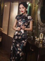 Traditional Chinese dress, Long Cheongsam, Silk Qipao, Evening Dress, ball gown, black floral color, short sleeve, mandarin collar
