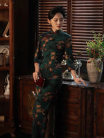 Traditional Chinese dress,  dark green qipao, floral prints, 3/4 sleeve, mandarin collar