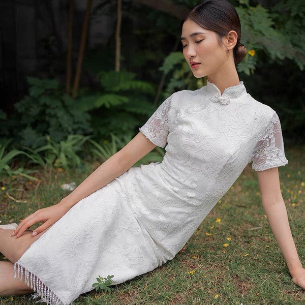 Custom make available, wedding dress, traditional Chinese dress, white embroidered Cheongsam, Bridesmaid dress, minimalist design
