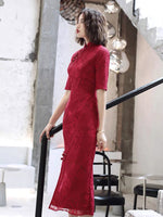 Traditional Chinese dress, Chinese Wedding dress, Chinese Cheongsam, Red Qipao, tea ceremony, lace qipao, mandarin collar