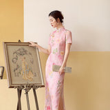 Traditional Chinese dress, China Cheongsam, light pink floral ramie qipao, breathable summer Qipao, short sleeve, mandarin collar, low slit