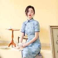 Traditional Chinese dress, Cheongsam Dress, Kneelength Qipao, breathable Summer Ramie Qipao, light blue Floral prints, mandarin collar
