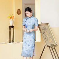 Traditional Chinese dress, Cheongsam Dress, Kneelength Qipao, breathable Summer Ramie Qipao, light blue Floral prints, mandarin collar