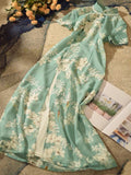 Traditional Chinese dress, Knee length Cheongsam, light green Ao Dai, flower pattern, mandarin collar